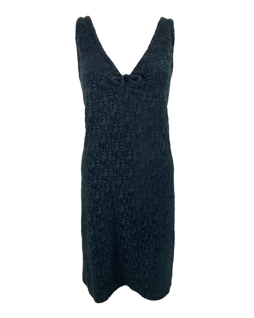 Fruit Vintage Fendi Logo flocked velvet dress dating to the 90s. It features a classic tank dress cut, bow front tie, and FENDI logo raised flocked letters all over.
