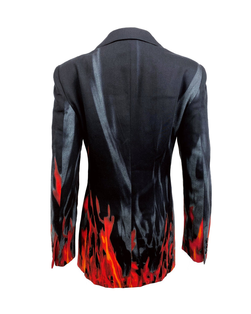 FRUIT Vintage Moschino 90s Flame Jacket as worn by Fran Drescher on the Nanny! It features a flame and smoke print on the hem line and sleeves going up the jacket.