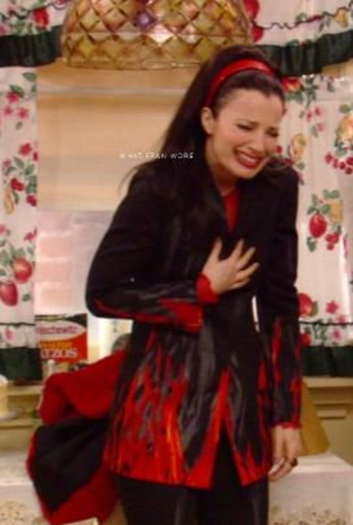 FRUIT Vintage Moschino 90s Flame Jacket as worn by Fran Drescher on the Nanny! It features a flame and smoke print on the hem line and sleeves going up the jacket.