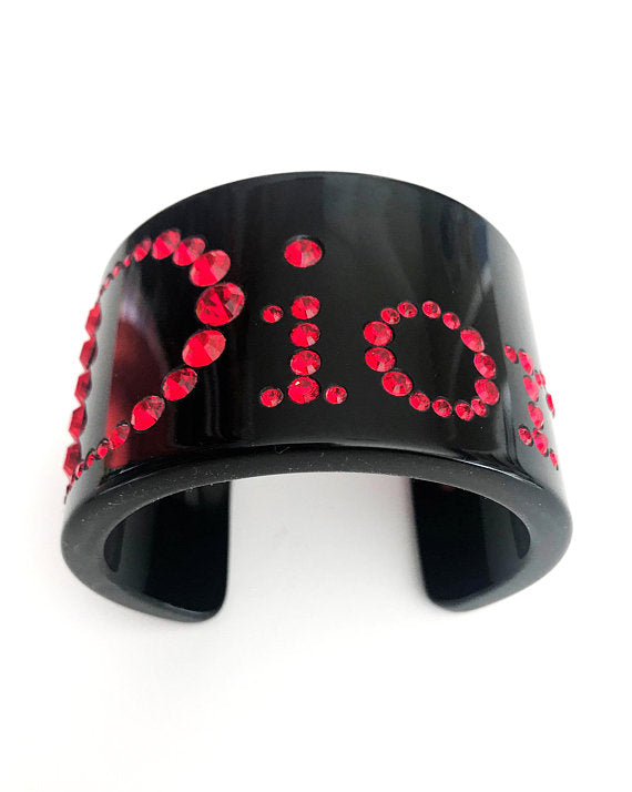 FRUIT vintage Christian Dior Red and Black diamonte embellished logo monogram plastic cuff bracele