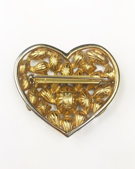Fruit Vintage Yves Saint Laurent 1980s crystal heart brooch . Featuring in intricate crystal cluster design set in gold plated brass. YSL Pin Logo Rhinstone Diamante Clip.