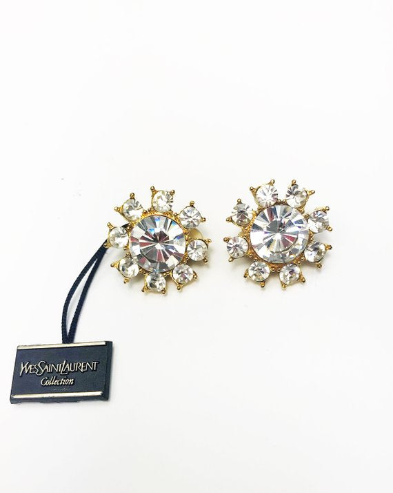 Fruit Vintage Yves Saint Laurent 1980s clip-on floral shaped rhinestone crystal earrings.