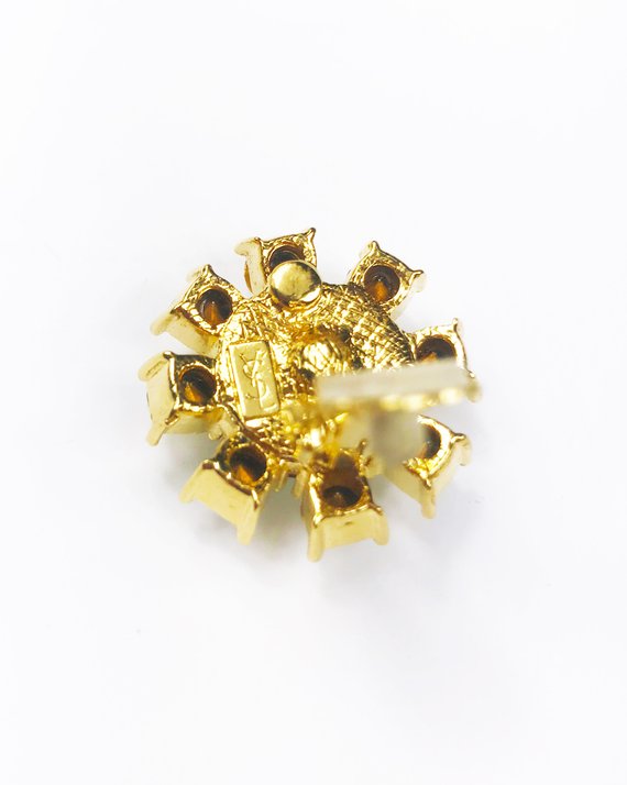 Fruit Vintage Yves Saint Laurent 1980s clip-on floral shaped rhinestone crystal earrings.