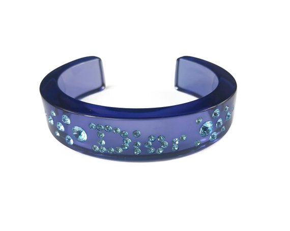 FRUIT vintage Christian Dior Blue diamonte crystal embellished logo monogram plastic cuff bracelet bangle.