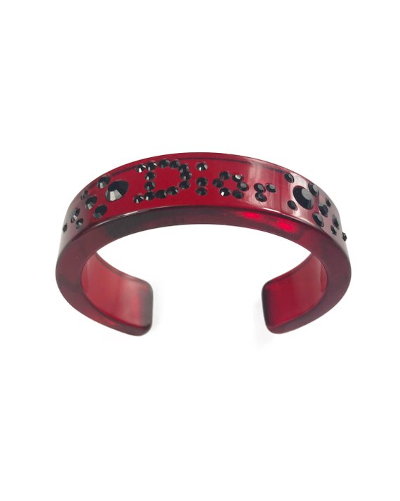 FRUIT vintage Christian Dior Red and Black diamonte crystal embellished logo monogram plastic cuff bracelet bangle.