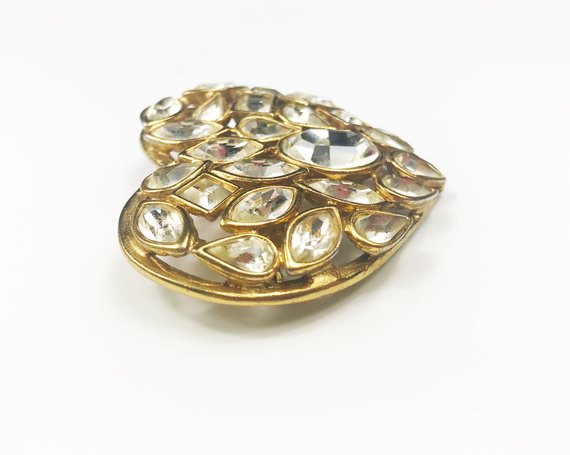 Fruit Vintage Yves Saint Laurent 1980s crystal heart brooch . Featuring in intricate crystal cluster design set in gold plated brass. YSL Pin Logo Rhinstone Diamante Clip.