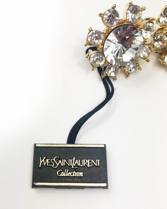 Fruit Vintage Yves Saint Laurent 1980s clip-on floral shaped rhinestone crystal earrings.
