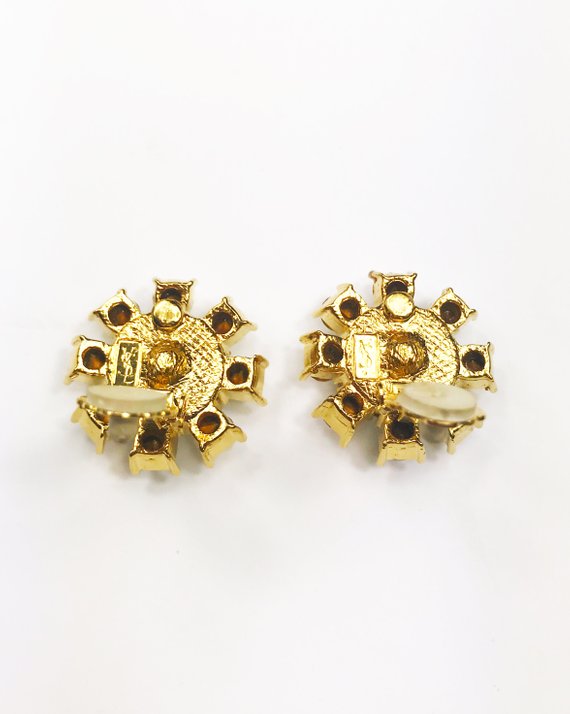 Fruit Vintage Yves Saint Laurent 1980s clip-on floral shaped rhinestone crystal earrings.