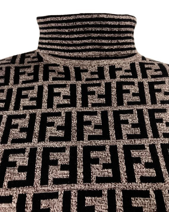FRUIT vintage Fendi Zucca print turtle neck sweater, this monogram knit features a striped print on sleeves and neck. The logo is knitted into the jumper (intarsia style), made from 100% pure Merino wool.