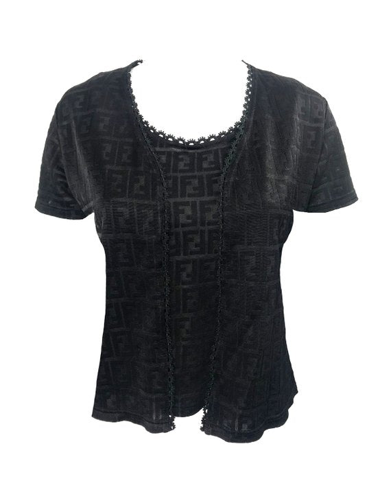 FRUIT vintage Fendi Zucca print 2 piece set. This monogram set features a classic tank top and t-shirt style cardigan. The fabric is style of nylon lace with the iconic double F zucca logo woven into the design.