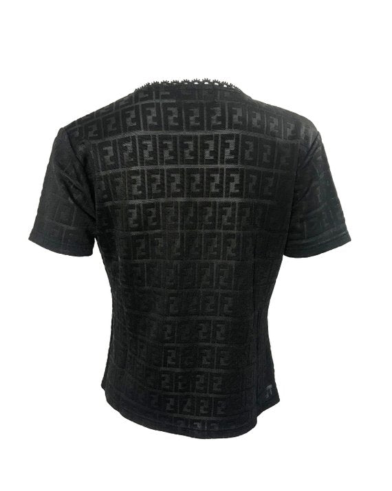 FRUIT vintage Fendi Zucca print 2 piece set. This monogram set features a classic tank top and t-shirt style cardigan. The fabric is style of nylon lace with the iconic double F zucca logo woven into the design.