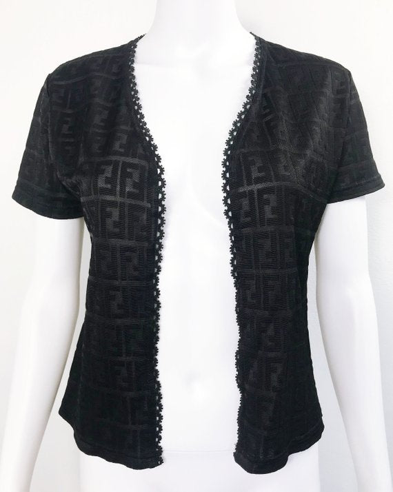FRUIT vintage Fendi Zucca print 2 piece set. This monogram set features a classic tank top and t-shirt style cardigan. The fabric is style of nylon lace with the iconic double F zucca logo woven into the design.