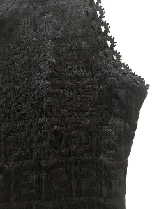 FRUIT vintage Fendi Zucca print 2 piece set. This monogram set features a classic tank top and t-shirt style cardigan. The fabric is style of nylon lace with the iconic double F zucca logo woven into the design.
