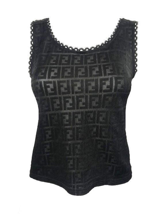 FRUIT vintage Fendi Zucca print 2 piece set. This monogram set features a classic tank top and t-shirt style cardigan. The fabric is style of nylon lace with the iconic double F zucca logo woven into the design.