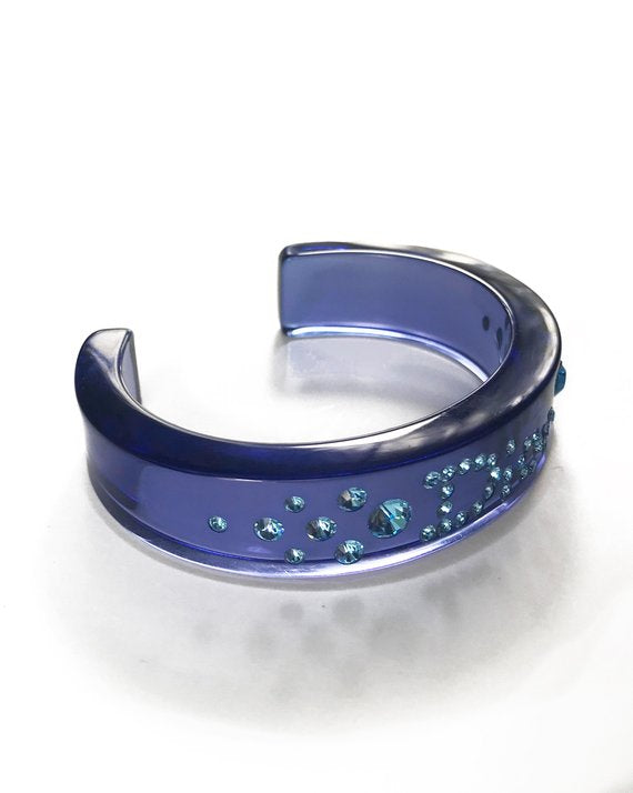 FRUIT vintage Christian Dior Blue diamonte crystal embellished logo monogram plastic cuff bracelet bangle.