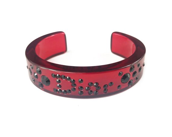 FRUIT vintage Christian Dior Red and Black diamonte crystal embellished logo monogram plastic cuff bracelet bangle.