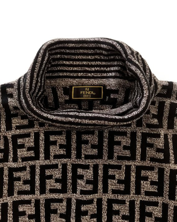 FRUIT vintage Fendi Zucca print turtle neck sweater, this monogram knit features a striped print on sleeves and neck. The logo is knitted into the jumper (intarsia style), made from 100% pure Merino wool.