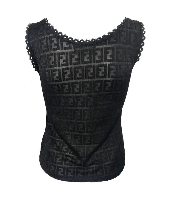 FRUIT vintage Fendi Zucca print 2 piece set. This monogram set features a classic tank top and t-shirt style cardigan. The fabric is style of nylon lace with the iconic double F zucca logo woven into the design.