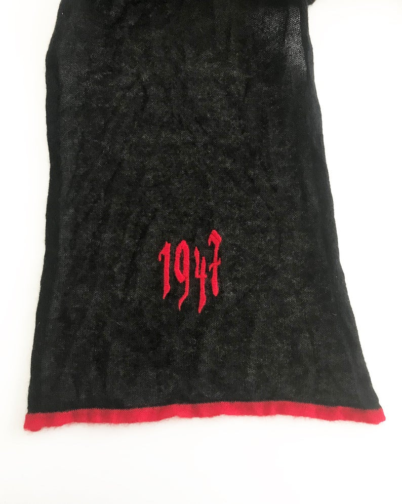 FRUIT Vintage Christian Dior gothic logo monogram mohair knitted scarf. Features a large graphic Christian Dior logo embroidered on one end and 1947 on the other.