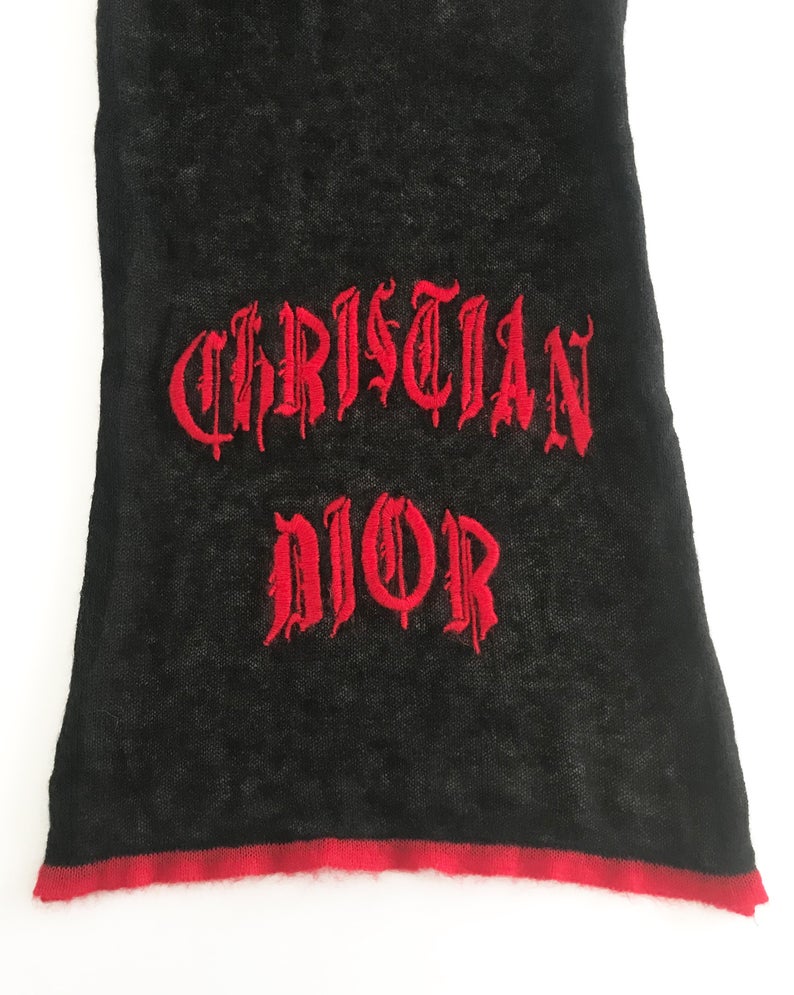 FRUIT Vintage Christian Dior gothic logo monogram mohair knitted scarf. Features a large graphic Christian Dior logo embroidered on one end and 1947 on the other.