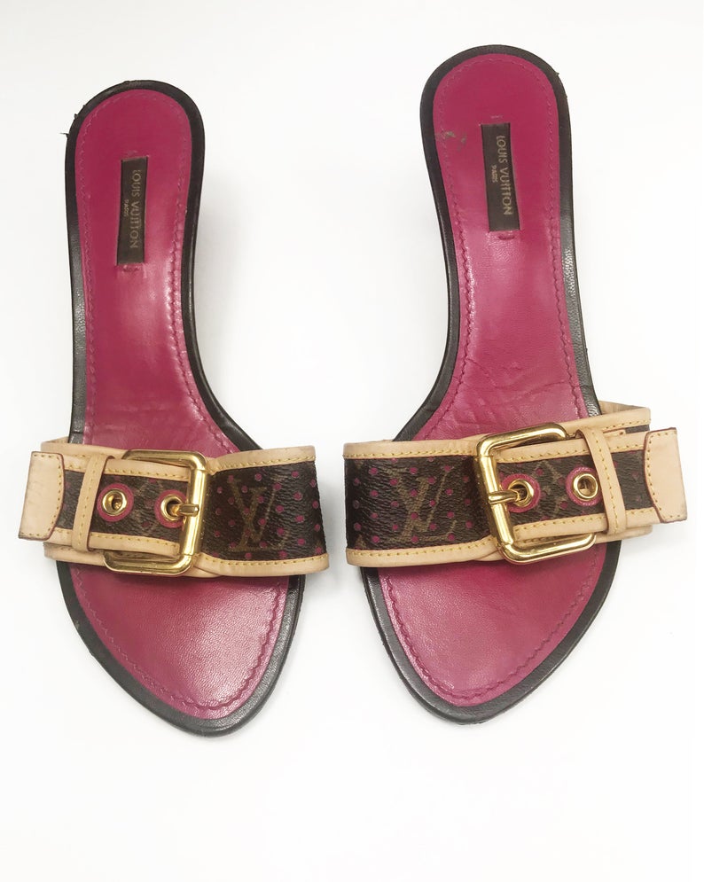 FRUIT Vintage Louis Vuitton kitten heels monogram canvas mules with logo buckles. Feature a perforated logo canvas with pink trim and classic tan leather.