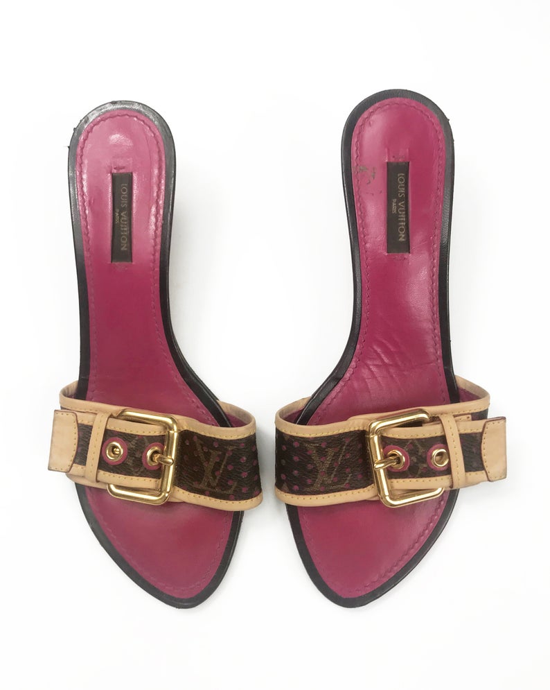 FRUIT Vintage Louis Vuitton kitten heels monogram canvas mules with logo buckles. Feature a perforated logo canvas with pink trim and classic tan leather.