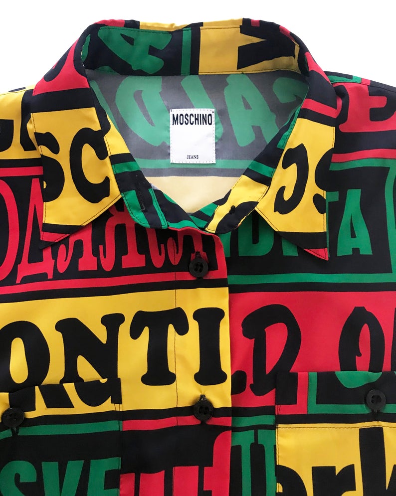 FRUIT Vintage 1990s Moschino Jeans Logo Monogram Shirt language print blouse