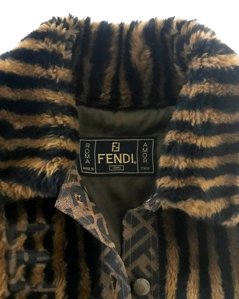 Fendi Zucca Shearling Fox Fur Belted Coat Black