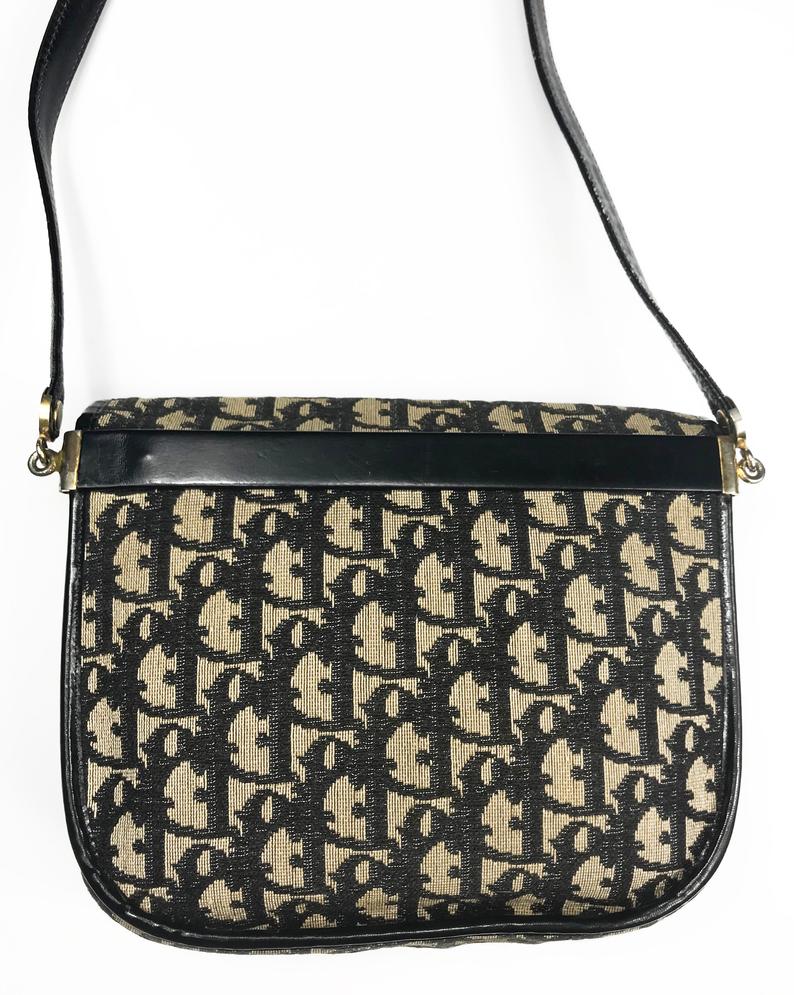 FRUIT Vintage Rare Christian Dior 1970s Monogram Oblique Print Trotter Canvas Satchel Bag with large CD logo.