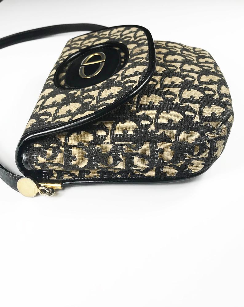 FRUIT Vintage Rare Christian Dior 1970s Monogram Oblique Print Trotter Canvas Satchel Bag with large CD logo.
