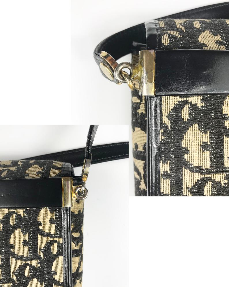 FRUIT Vintage Rare Christian Dior 1970s Monogram Oblique Print Trotter Canvas Satchel Bag with large CD logo.