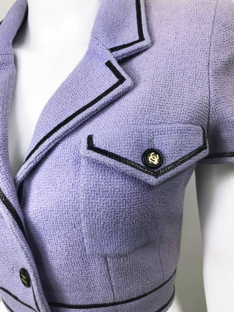 FRUIT Vintage Chanel Spring Summer 1995 Purple Boucle Cropped Jacket Karl Lagerfeld Claudia Schiffer