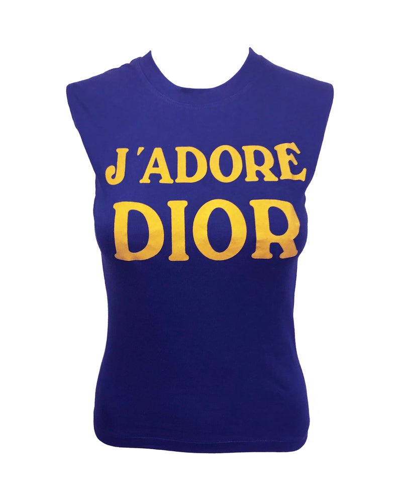 Fruit Vintage Christian Dior Blue yellow J'adore Dior logo monogram tank by John Galliano, as seen on Sex and the City and Khloe Kardashian.