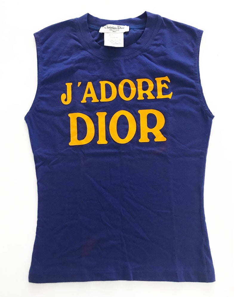 Fruit Vintage Christian Dior Blue yellow J'adore Dior logo monogram tank by John Galliano, as seen on Sex and the City and Khloe Kardashian.