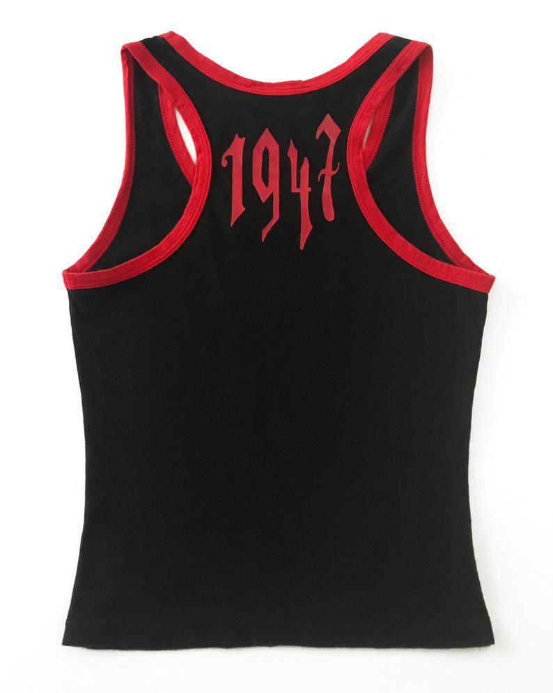 Fruit Vintage Christian Dior tank designed by John Galliano with Gothic text Logo. Features a classic racer tank cut and graphic print with Christian Dior across the front and 1947 across the back