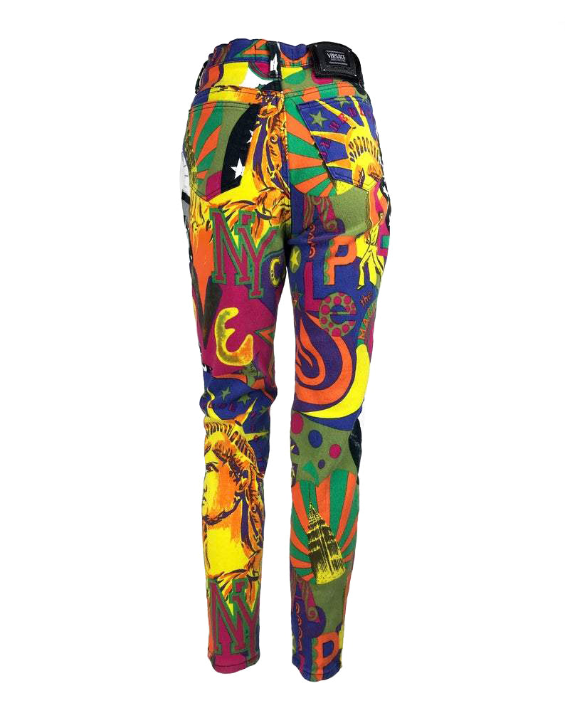 FRUIT Vintage Versace Jeans Couture 'Manhattan New York City' Print Jeans Pants by Gianni Versace piece from the 1990s.