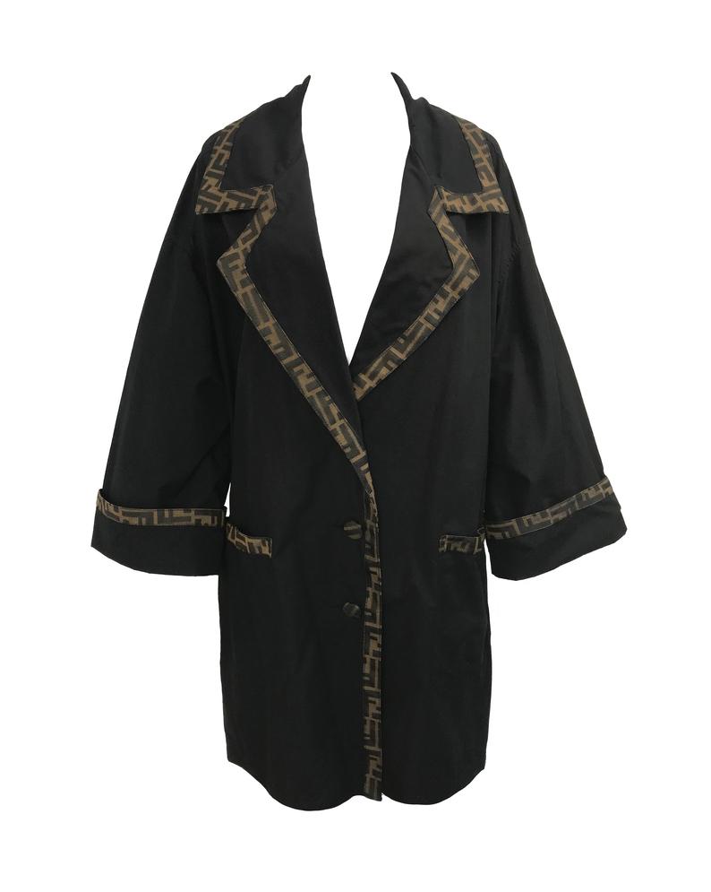 FRUIT Vintage Fendi 1990s oversized cocoon coat with iconic Zucca logo print trim.