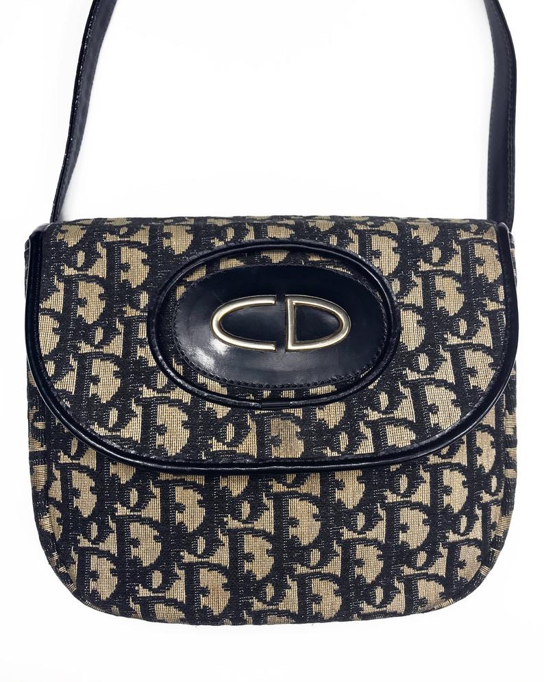 FRUIT Vintage Rare Christian Dior 1970s Monogram Oblique Print Trotter Canvas Satchel Bag with large CD logo.