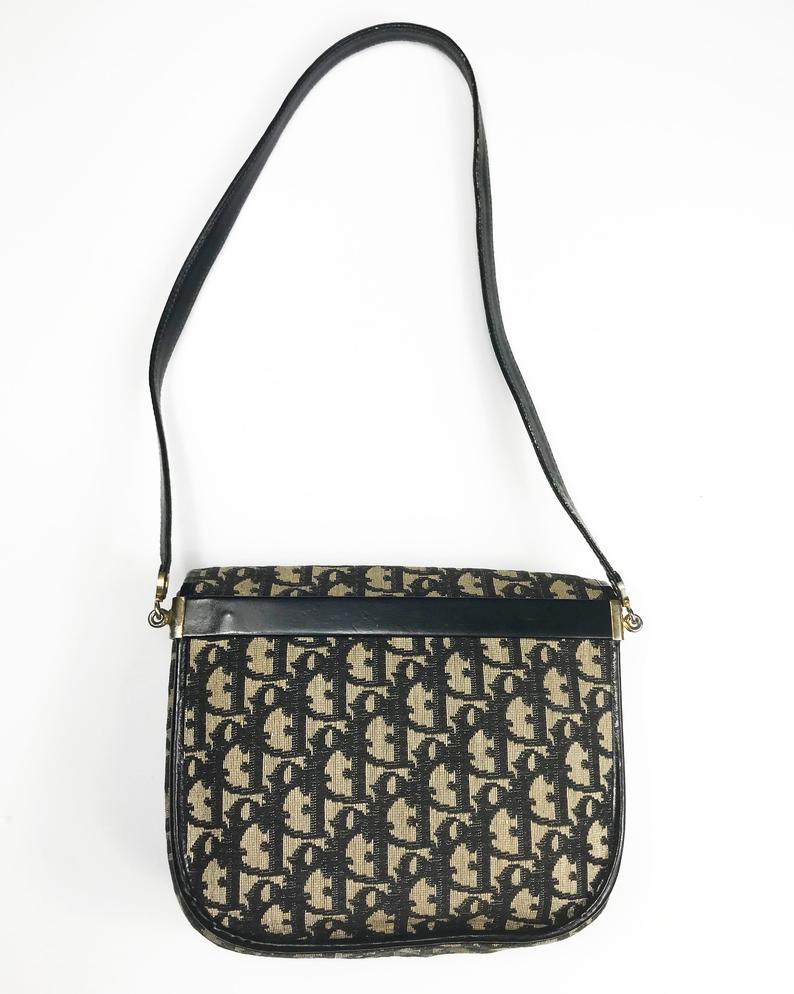 FRUIT Vintage Rare Christian Dior 1970s Monogram Oblique Print Trotter Canvas Satchel Bag with large CD logo.