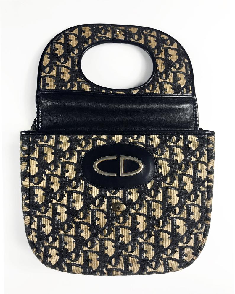 FRUIT Vintage Rare Christian Dior 1970s Monogram Oblique Print Trotter Canvas Satchel Bag with large CD logo.
