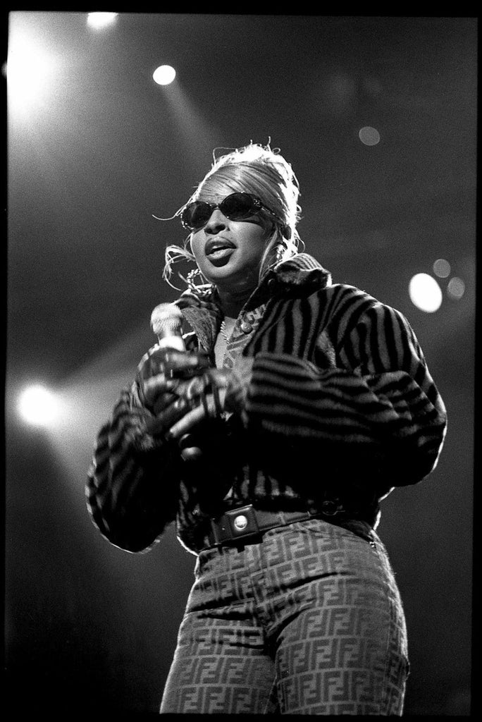 FRUIT Vintage Fendi faux fur stripe bomber jacket dating to 1995. It features the classic Zucca logo trim and embroidered Zucca print Fendi letters, as worn by Mary J Blige