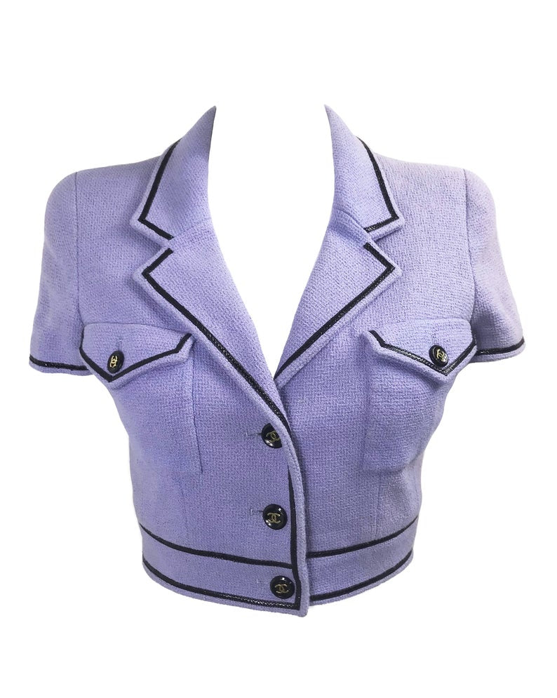 FRUIT Vintage Chanel Spring Summer 1995 Purple Boucle Cropped Jacket Karl Lagerfeld Claudia Schiffer