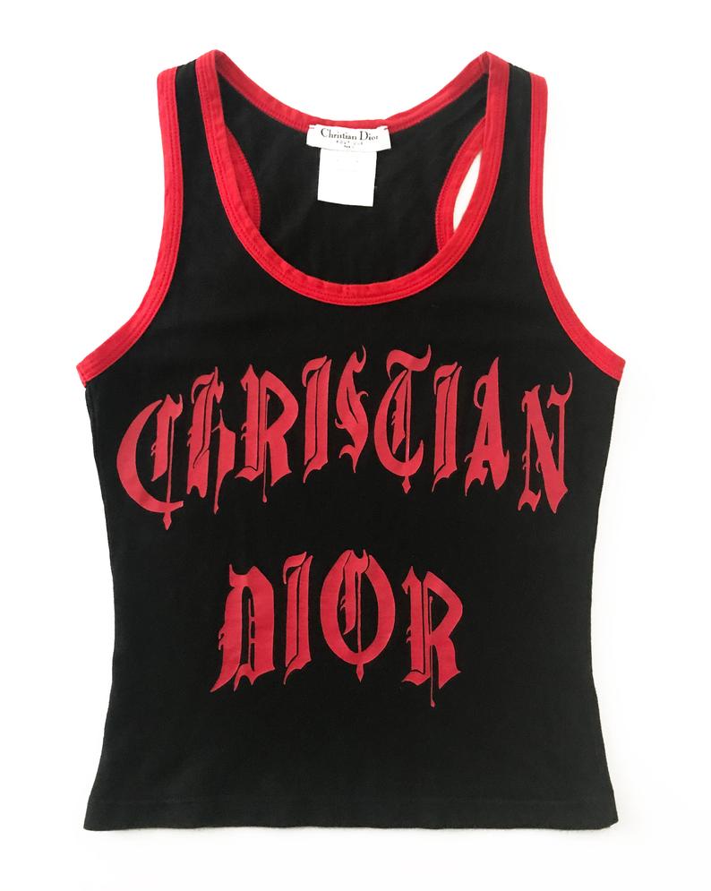Fruit Vintage Christian Dior tank designed by John Galliano with Gothic text Logo. Features a classic racer tank cut and graphic print with Christian Dior across the front and 1947 across the back