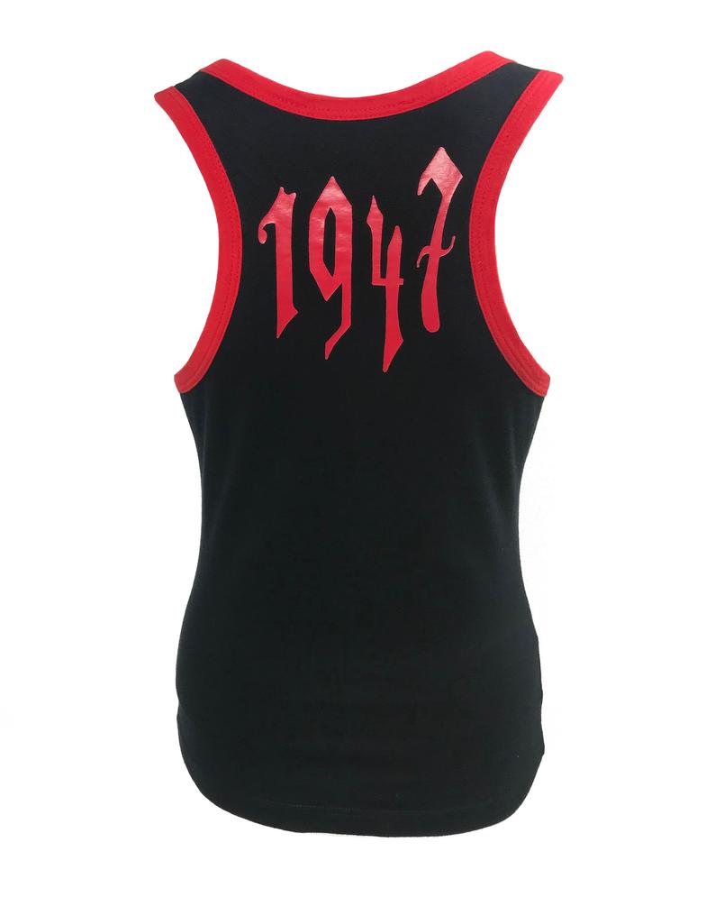 Fruit Vintage Christian Dior tank designed by John Galliano with Gothic text Logo. Features a classic racer tank cut and graphic print with Christian Dior across the front and 1947 across the back