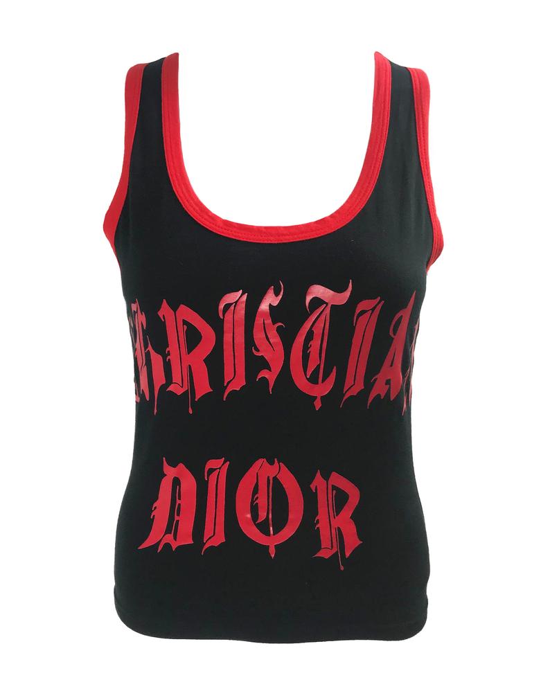 Fruit Vintage Christian Dior tank designed by John Galliano with Gothic text Logo. Features a classic racer tank cut and graphic print with Christian Dior across the front and 1947 across the back