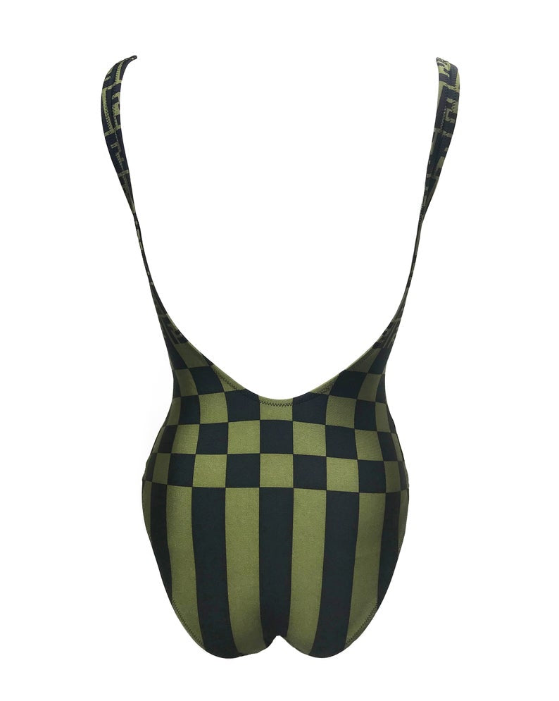 FRUIT vintage Mint condition Fendi Zucca print swimsuit from the 90s. This amazing monogram logo set is a collectors dream. Features a lingerie style bra top with the iconic Fendi logo monogram and Fendi checkerboard print design. This would also make an incredible bodysuit for day wear.