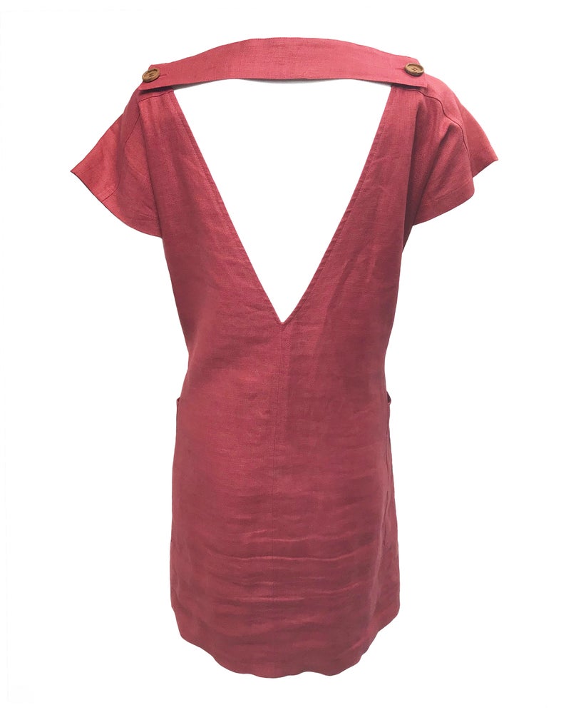 FRUIT Vintage Yves Saint Laurent Rive Gauche red maroon linen tunic dress dating to the 1980s. In near mint condition, this piece features a a classic shift/tunic silhouette with a gorgeous low, open back.