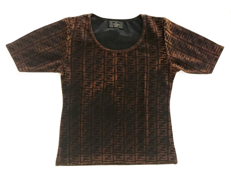 FRUIT vintage Fendi Zucca print t-shirt dating to the 90s, made from the cutest metallic effect sheen fabric which changes colour in light. Features a classic t-shirt cut and semi-transparent mesh style fabric.