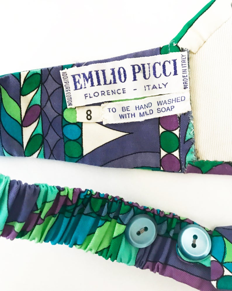 FRUIT vintage Emilio Pucci 1960s cotton handmade psychedelic pucci print bikini. In original, mint/unworn condition, this is a holy grail collectors piece