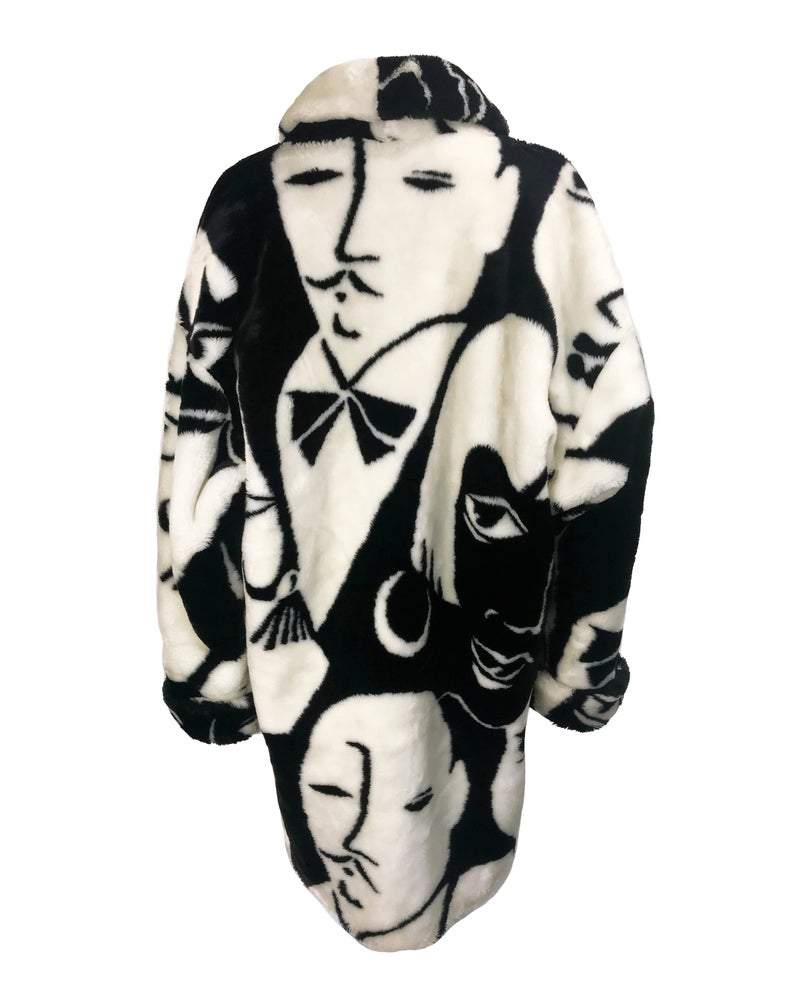 Fruit Vintage Donnybrook Faces Coat. Original 1980s Faux Fur cocoon coat with a relaxed, oversized silhouette. Features bold beige/black graphic custom Donnybrook face print.